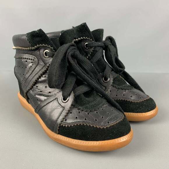 ISABEL MARANT Black Leather Perforated Wedge Sneakers - Picture 1 of 6